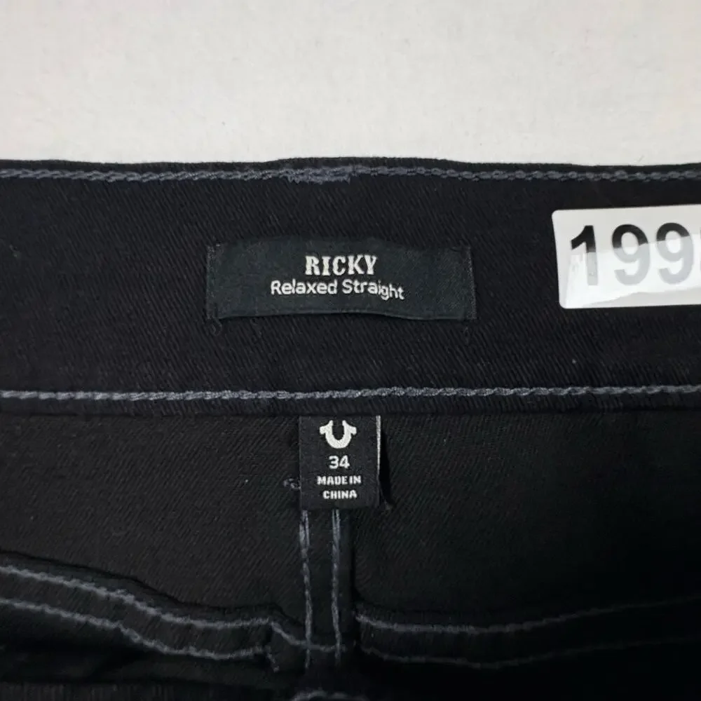 True Religion Ricky Jeans Mens 34x31 Black Relaxed Straight Stretch Denim Rinse